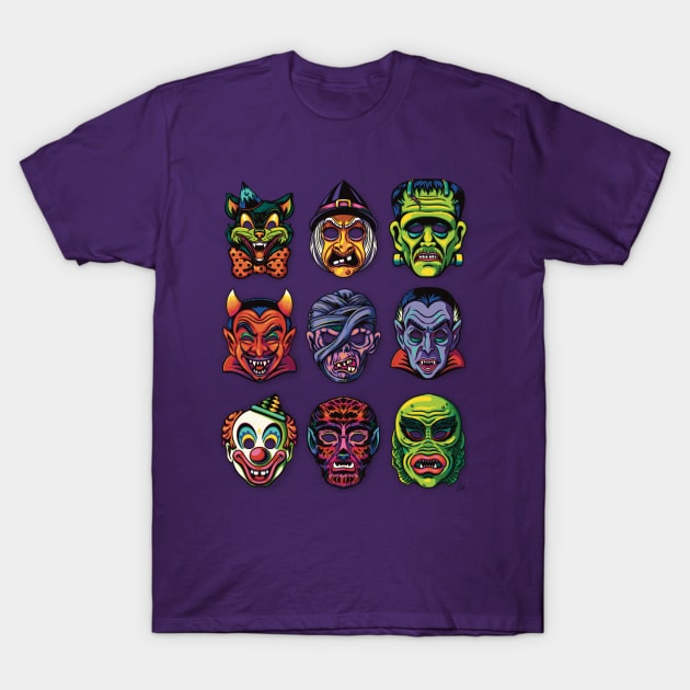 Retro Halloween Masks T-Shirt by jfeldmanart